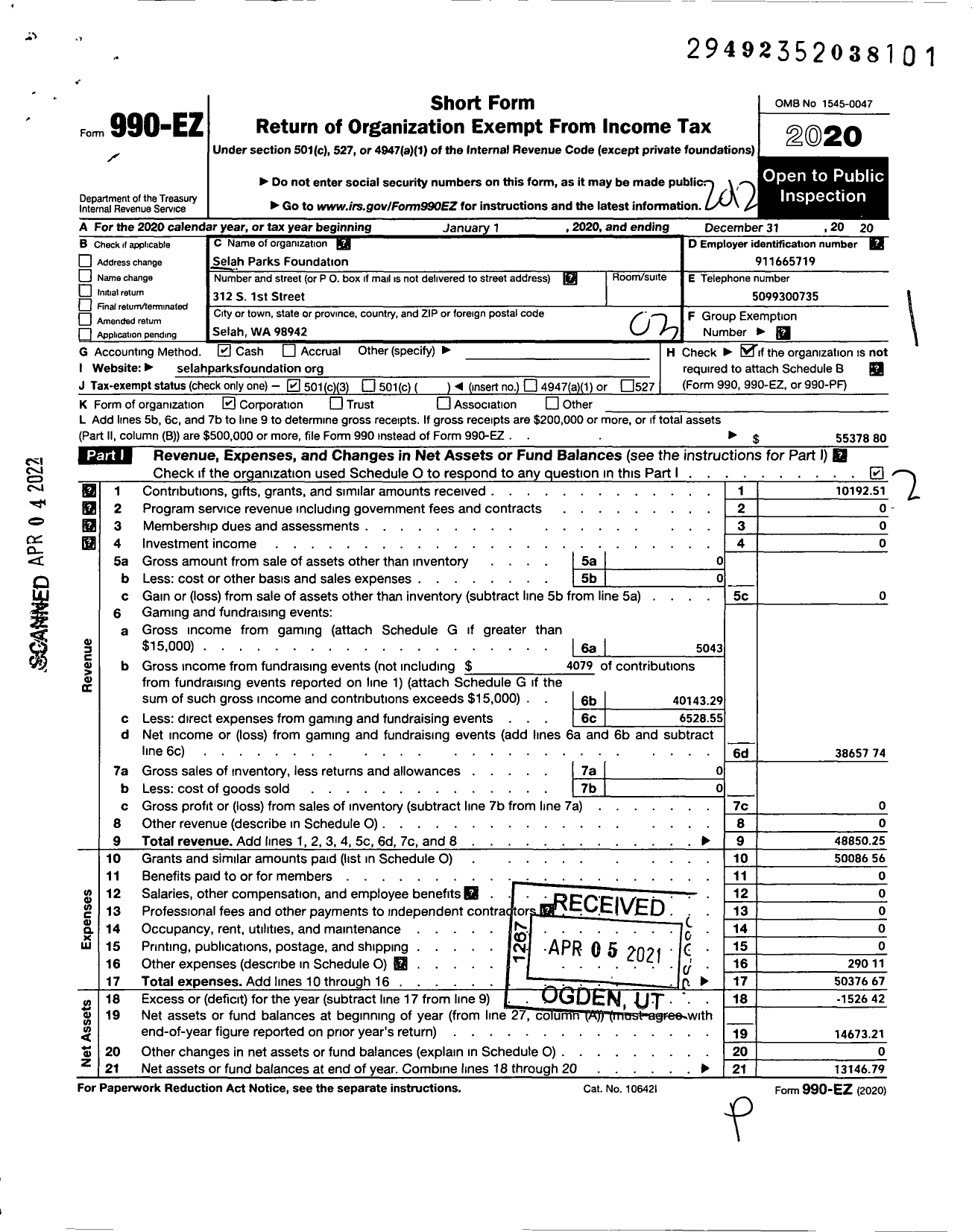 Image of first page of 2020 Form 990EZ for Selah Parks Foundation