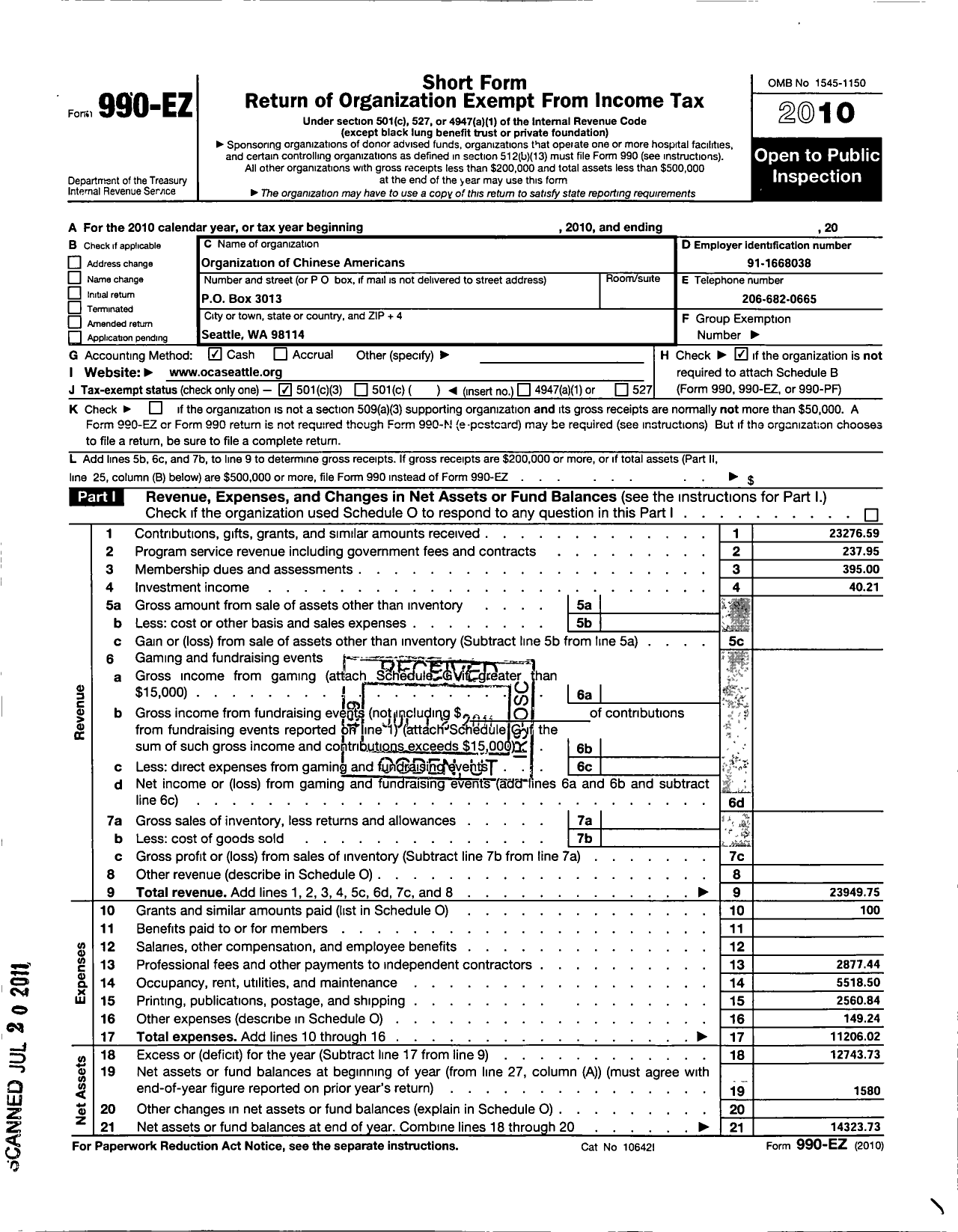 Image of first page of 2010 Form 990EZ for Organization of Chinese-Americans / Greater Seattle Chapter