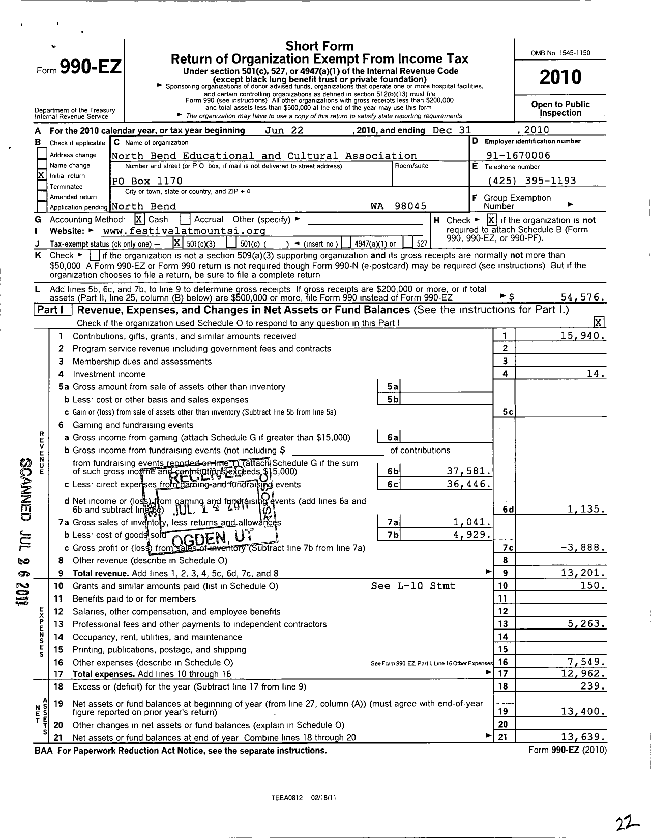 Image of first page of 2010 Form 990EZ for North Bend Educational and Cultural Association