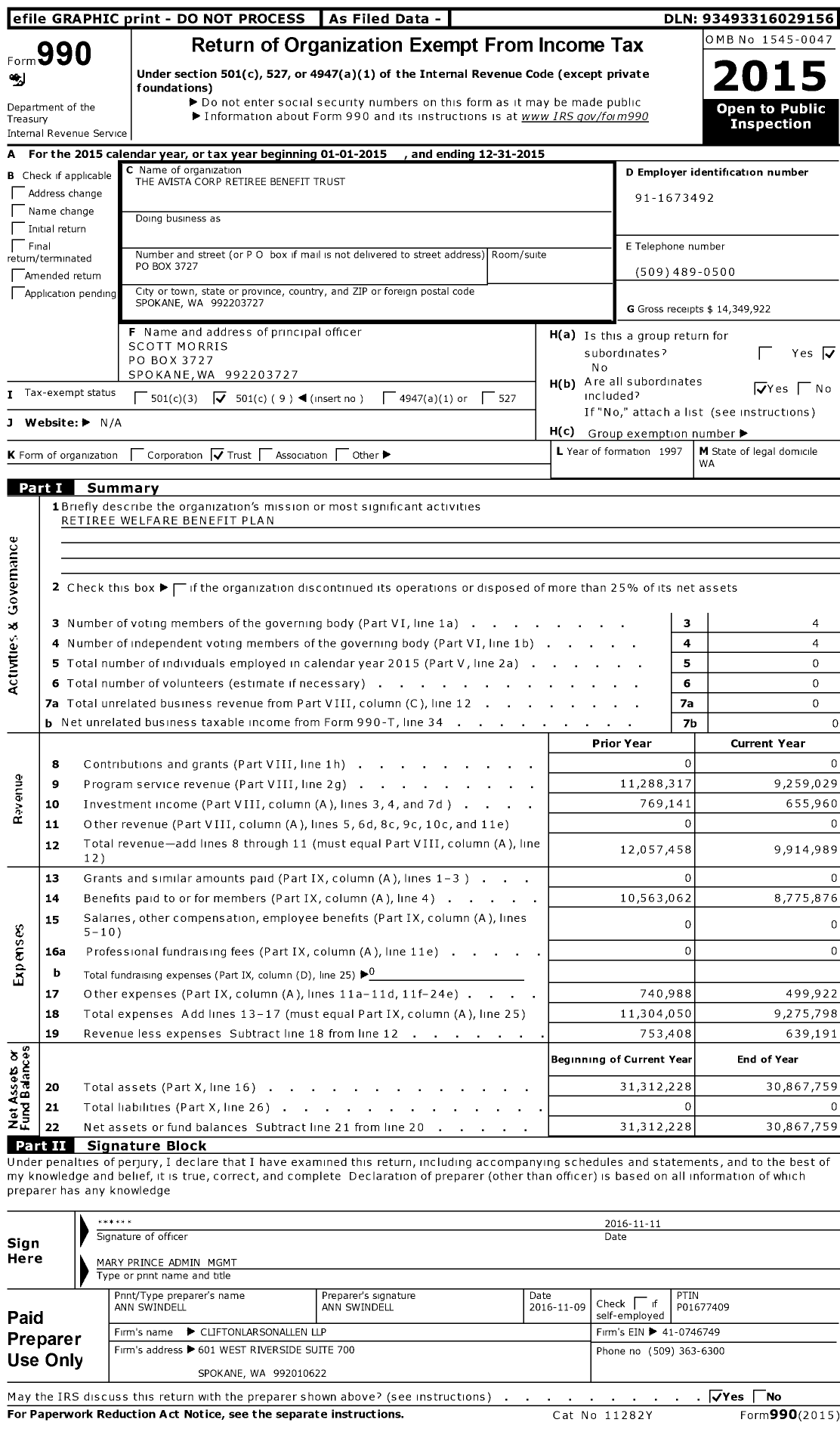 Image of first page of 2015 Form 990O for The Avista Corp Retiree Benefit Trust