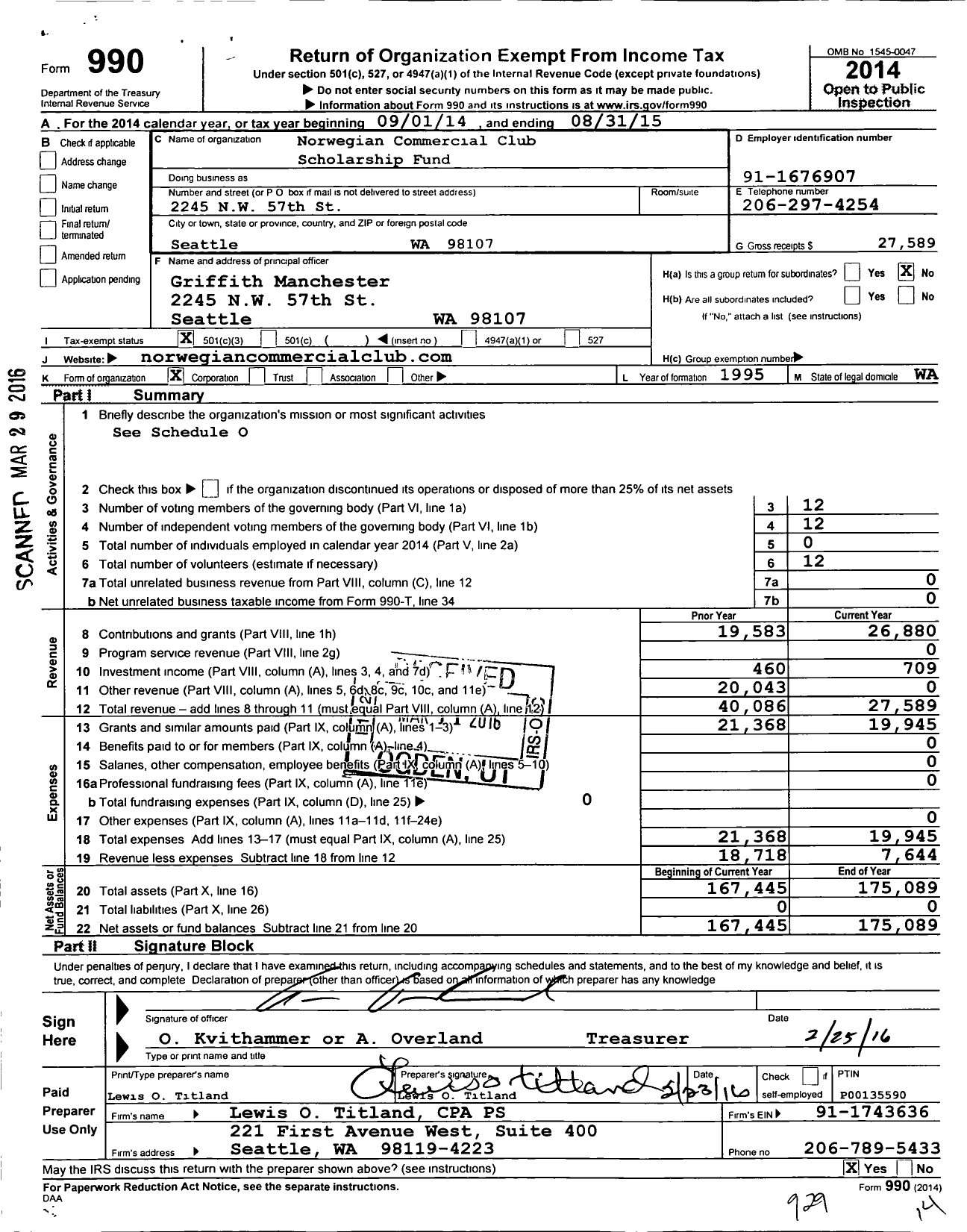 Image of first page of 2014 Form 990 for Norwegian Commercial Club Scholarship Fund