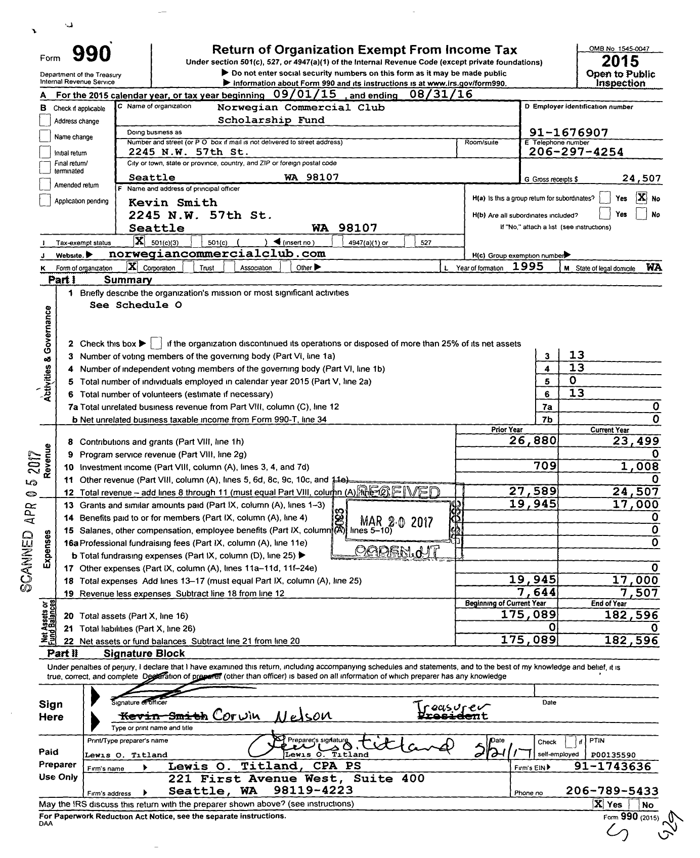 Image of first page of 2015 Form 990 for Norwegian Commercial Club Scholarship Fund