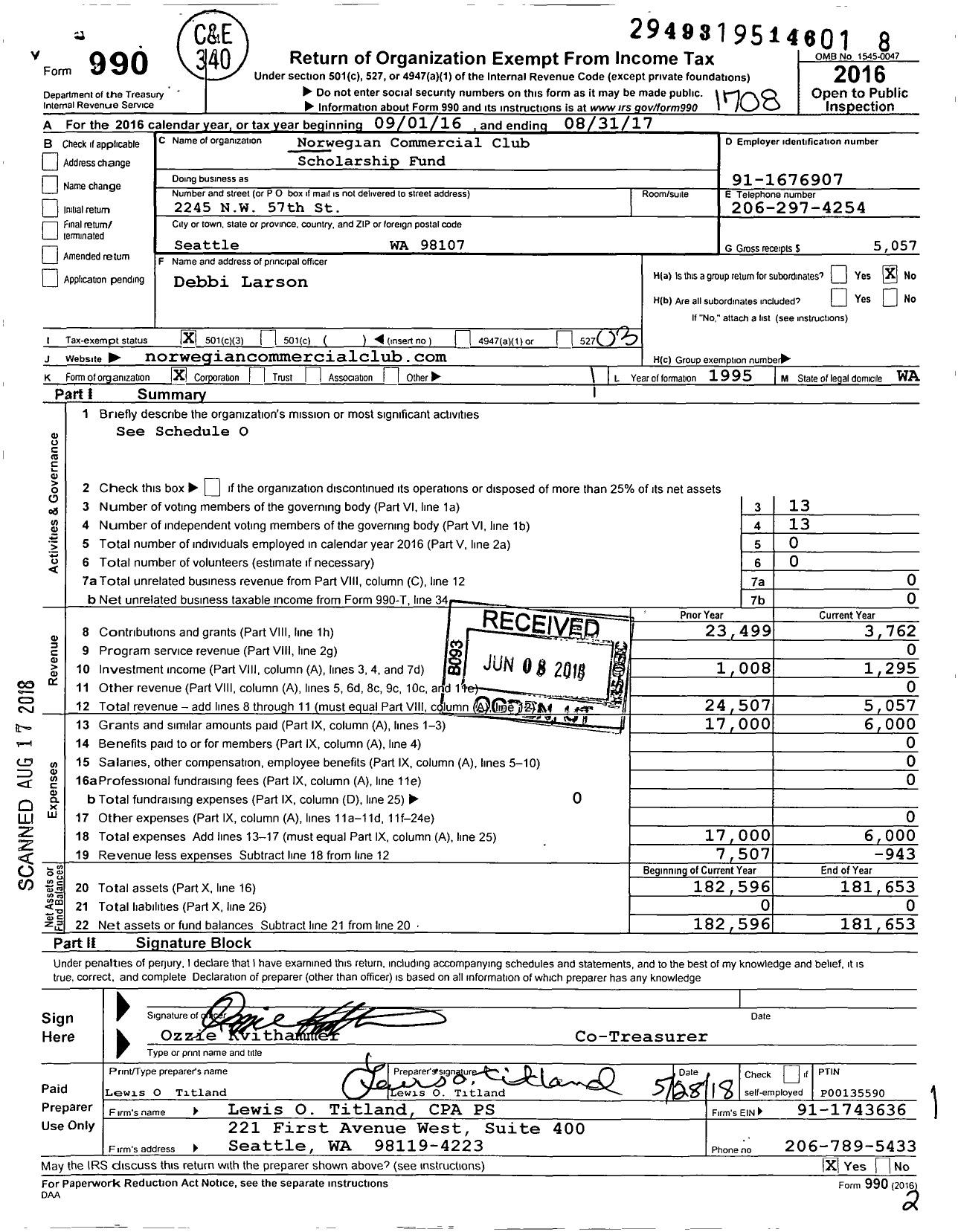 Image of first page of 2016 Form 990 for Norwegian Commercial Club Scholarship Fund