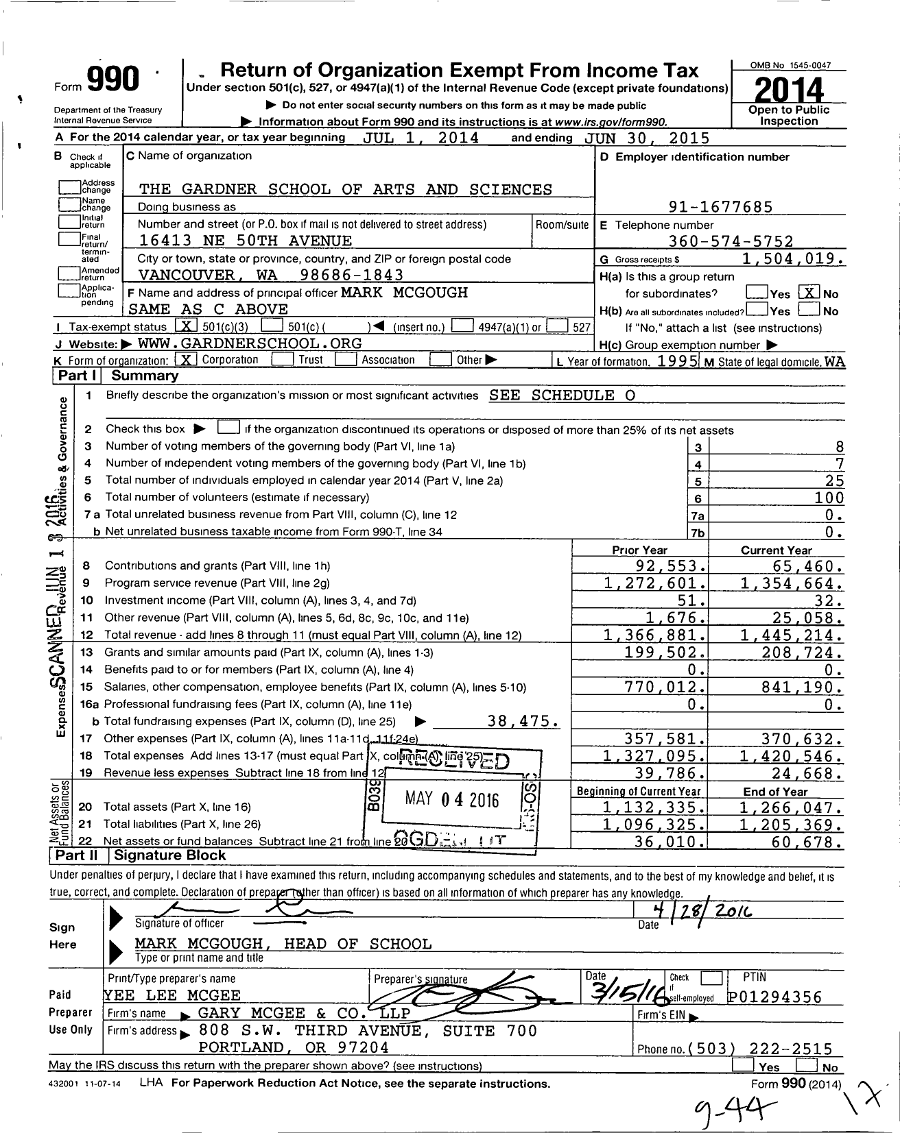 Image of first page of 2014 Form 990 for The Gardner School of Arts and Sciences