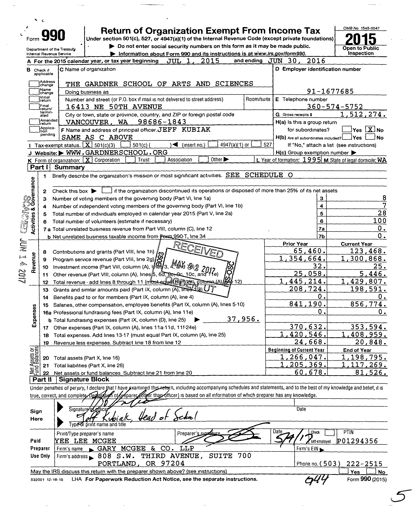 Image of first page of 2015 Form 990 for The Gardner School of Arts and Sciences