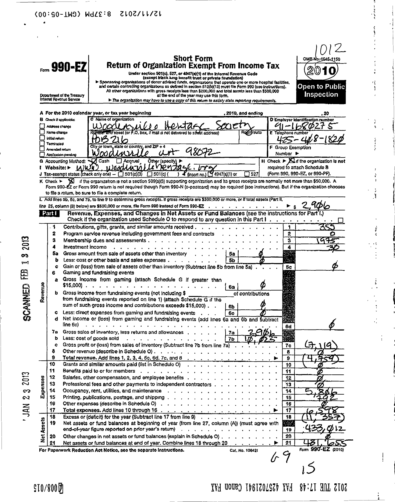 Image of first page of 2010 Form 990EO for Woodinville Heritage Society