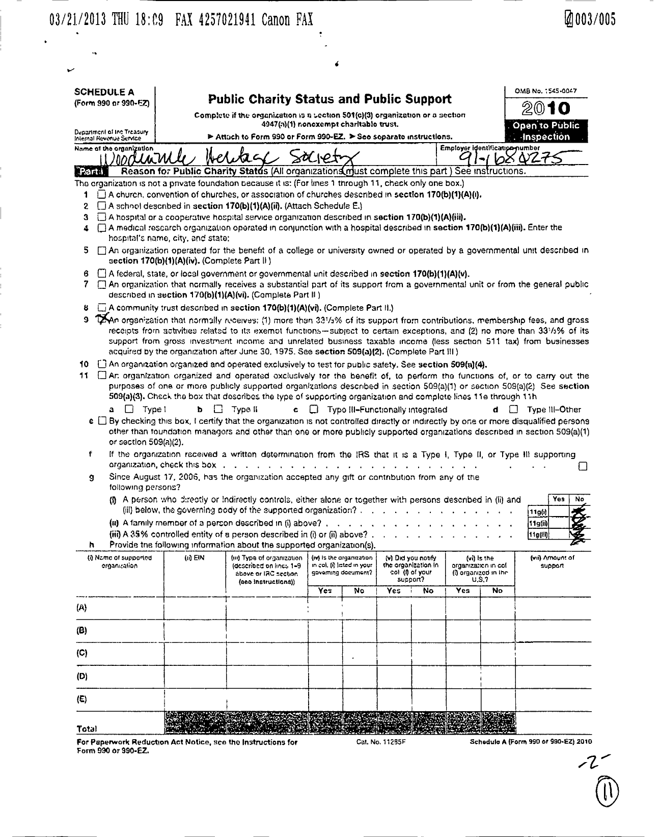 Image of first page of 2010 Form 990ER for Woodinville Heritage Society