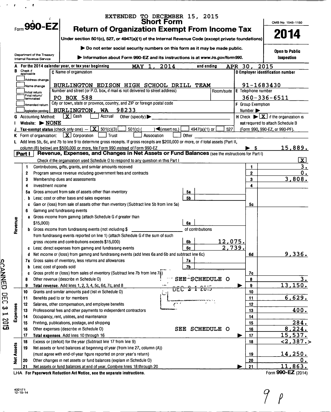 Image of first page of 2014 Form 990EZ for Burlington Edison High School Drill Team