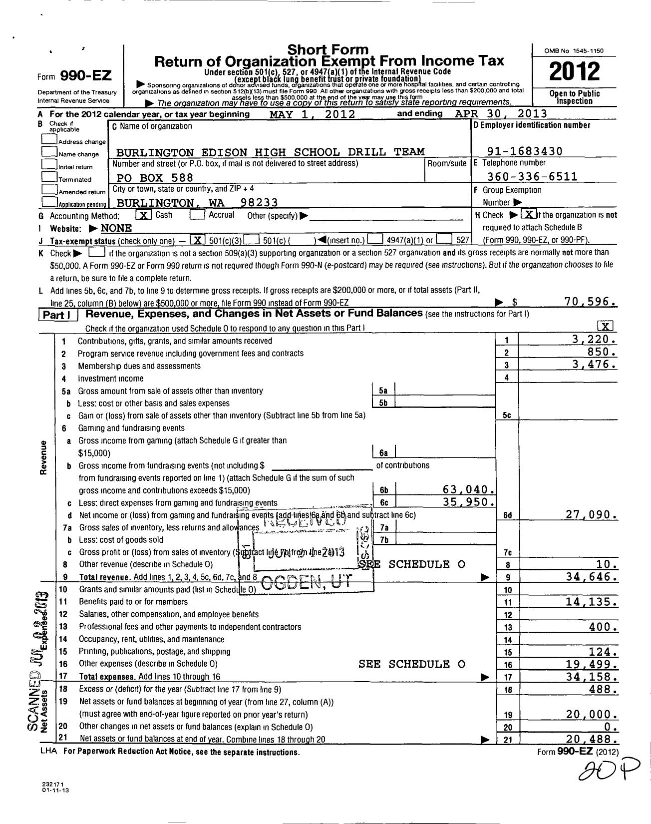 Image of first page of 2012 Form 990EZ for Burlington Edison High School Drill Team