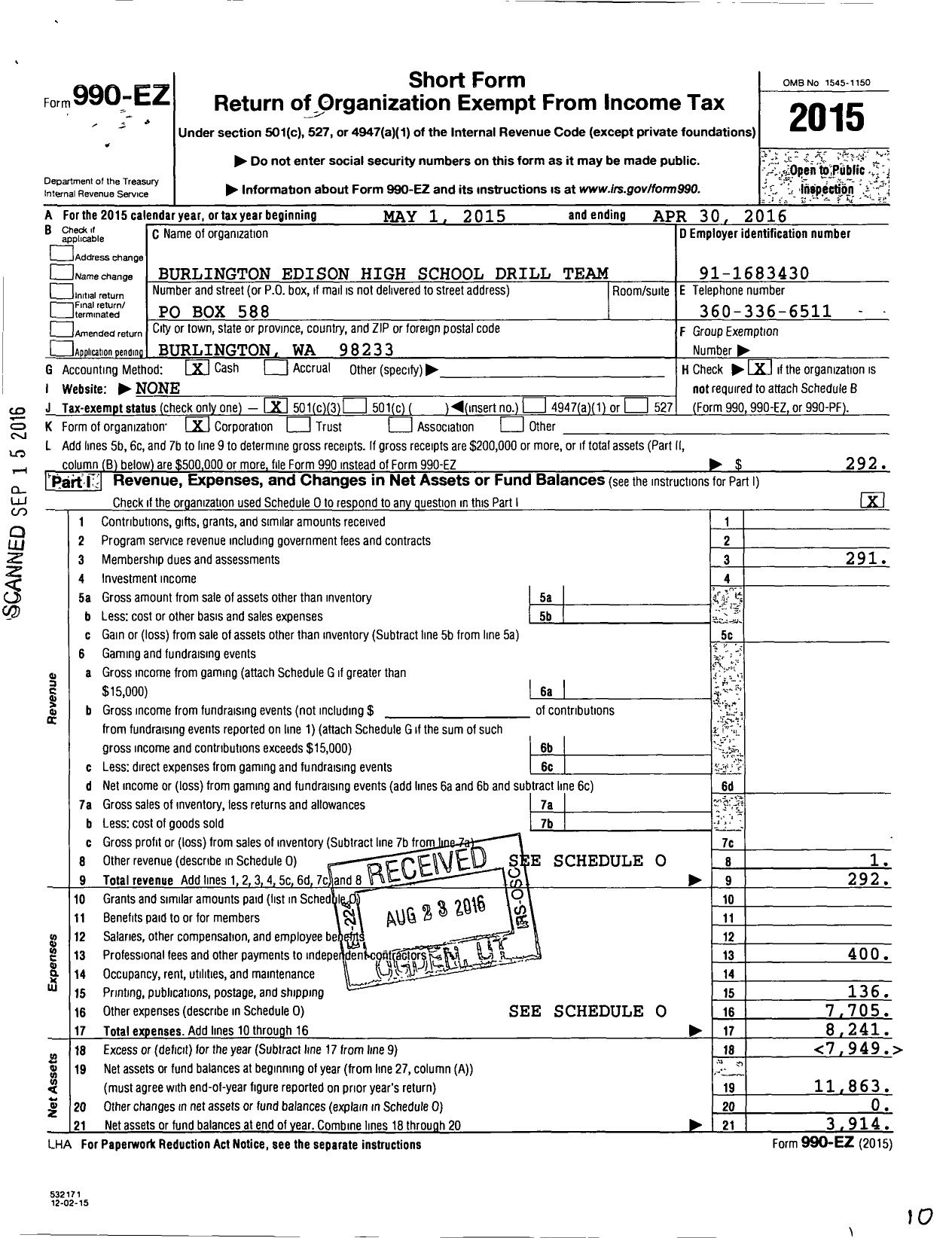 Image of first page of 2015 Form 990EZ for Burlington Edison High School Drill Team