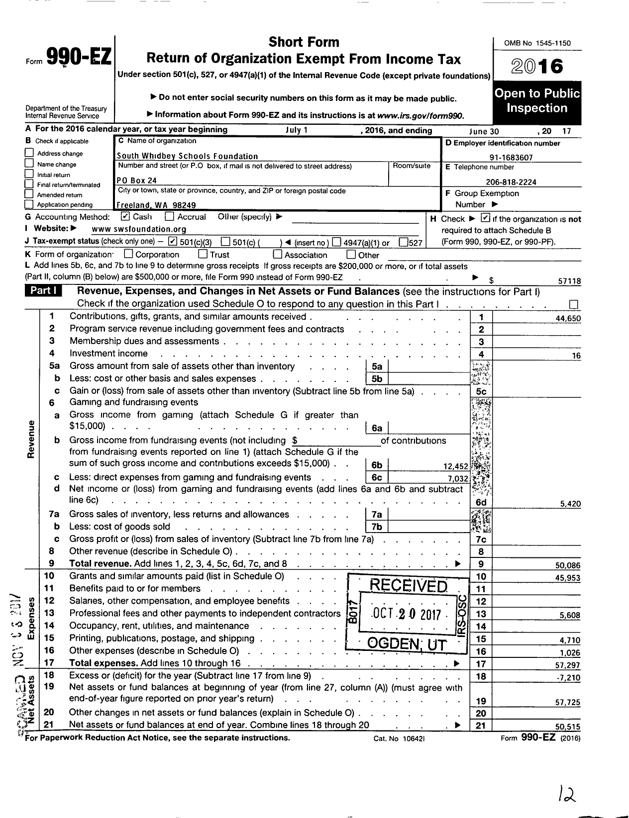 Image of first page of 2016 Form 990EZ for South Whidbey Schools Foundation