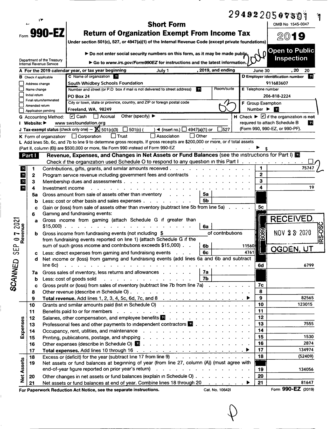 Image of first page of 2019 Form 990EZ for South Whidbey Schools Foundation