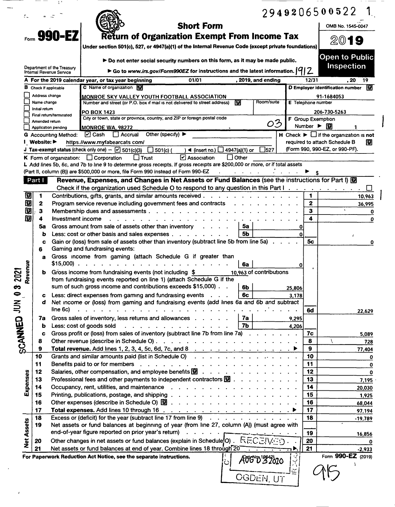 Image of first page of 2019 Form 990EZ for Monroe Sky Valley Youth Football