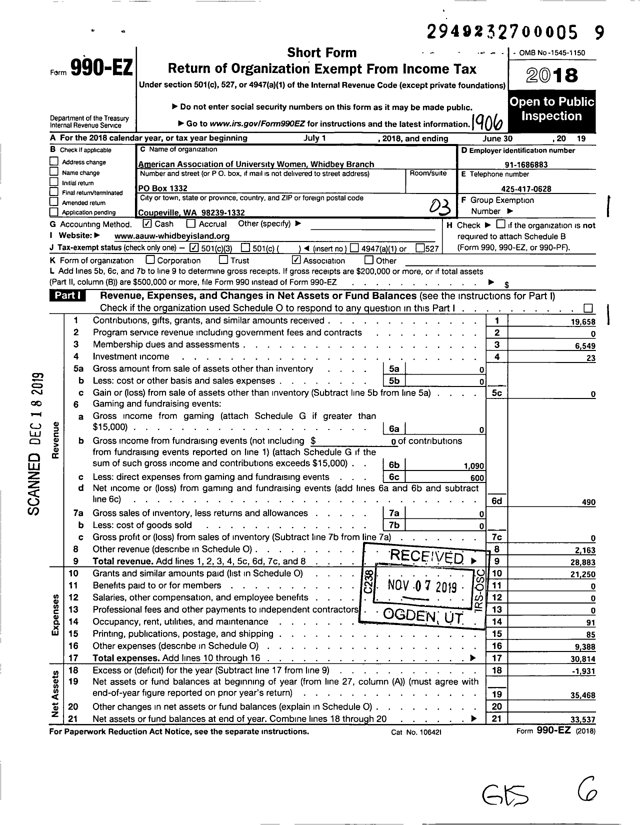 Image of first page of 2018 Form 990EZ for American Association of University Women / Whidbey Island