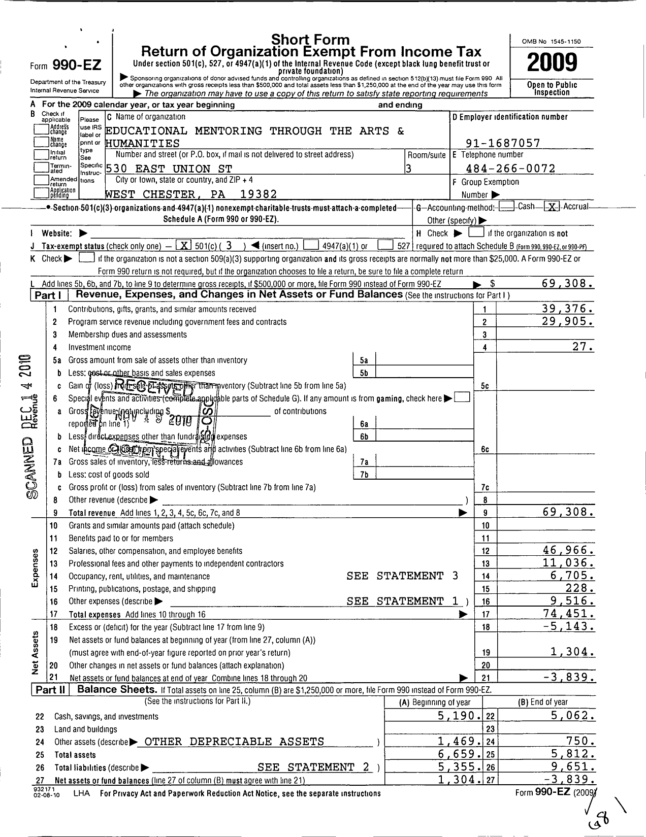 Image of first page of 2009 Form 990EZ for Youth Advancement Through Music and Arts