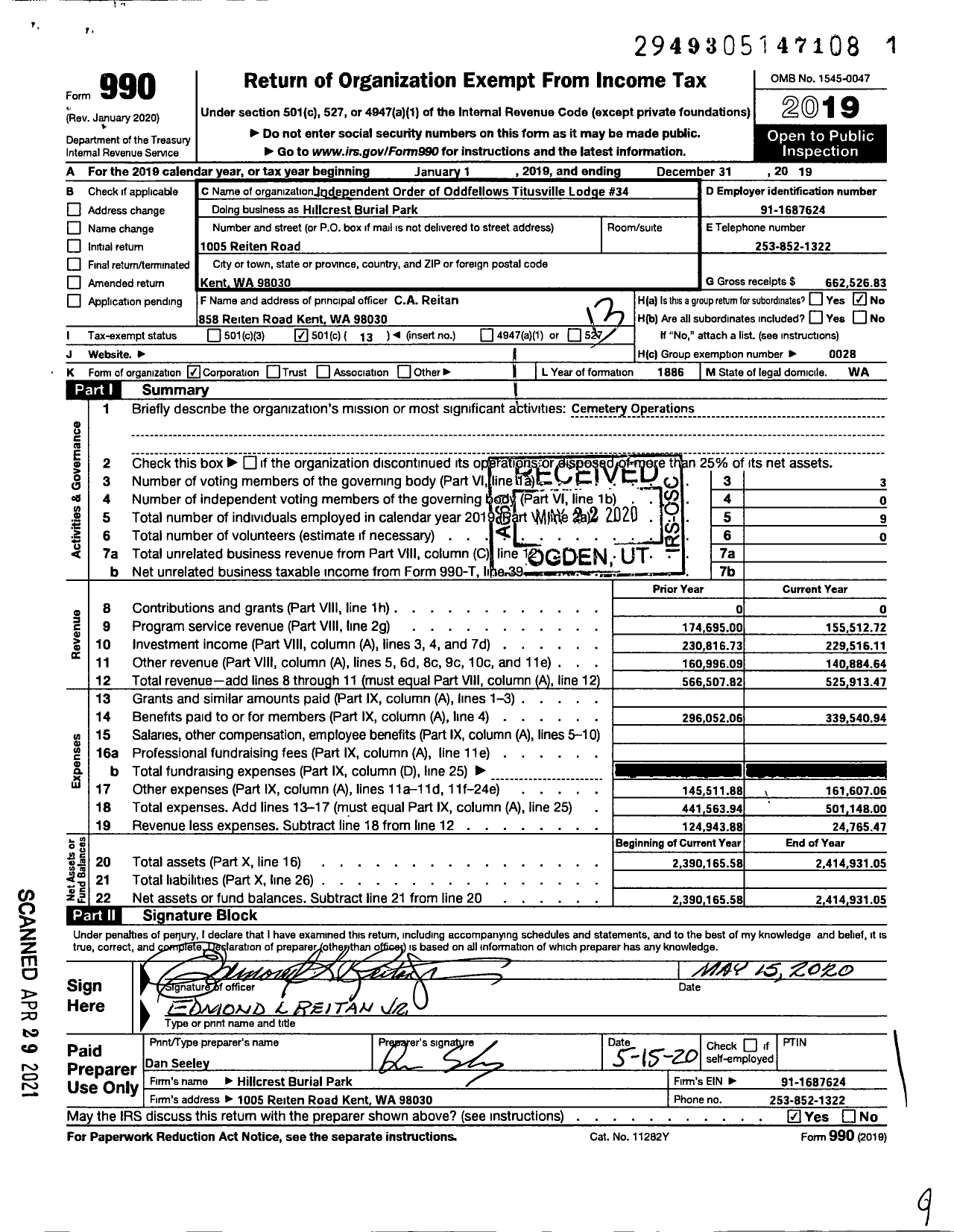 Image of first page of 2019 Form 990O for Independent Order of Odd Fellows - Hillcrest Burial Park