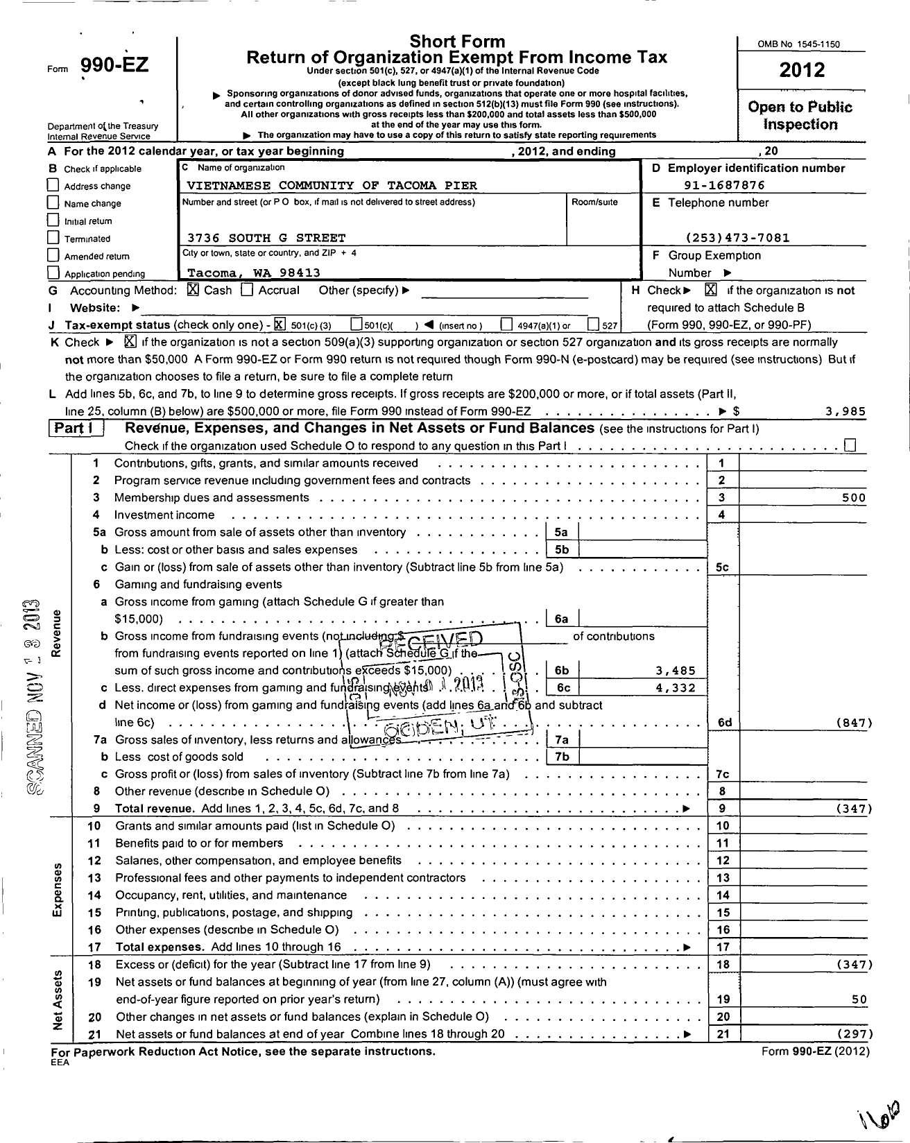 Image of first page of 2012 Form 990EZ for Vietnamese Community of Tacoma