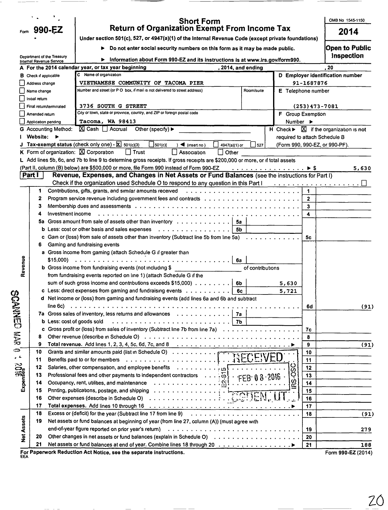 Image of first page of 2014 Form 990EZ for Vietnamese Community of Tacoma