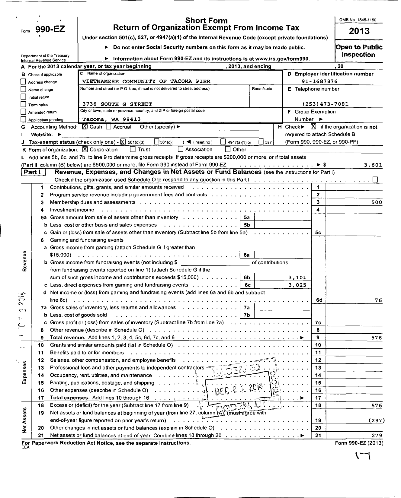 Image of first page of 2013 Form 990EZ for Vietnamese Community of Tacoma