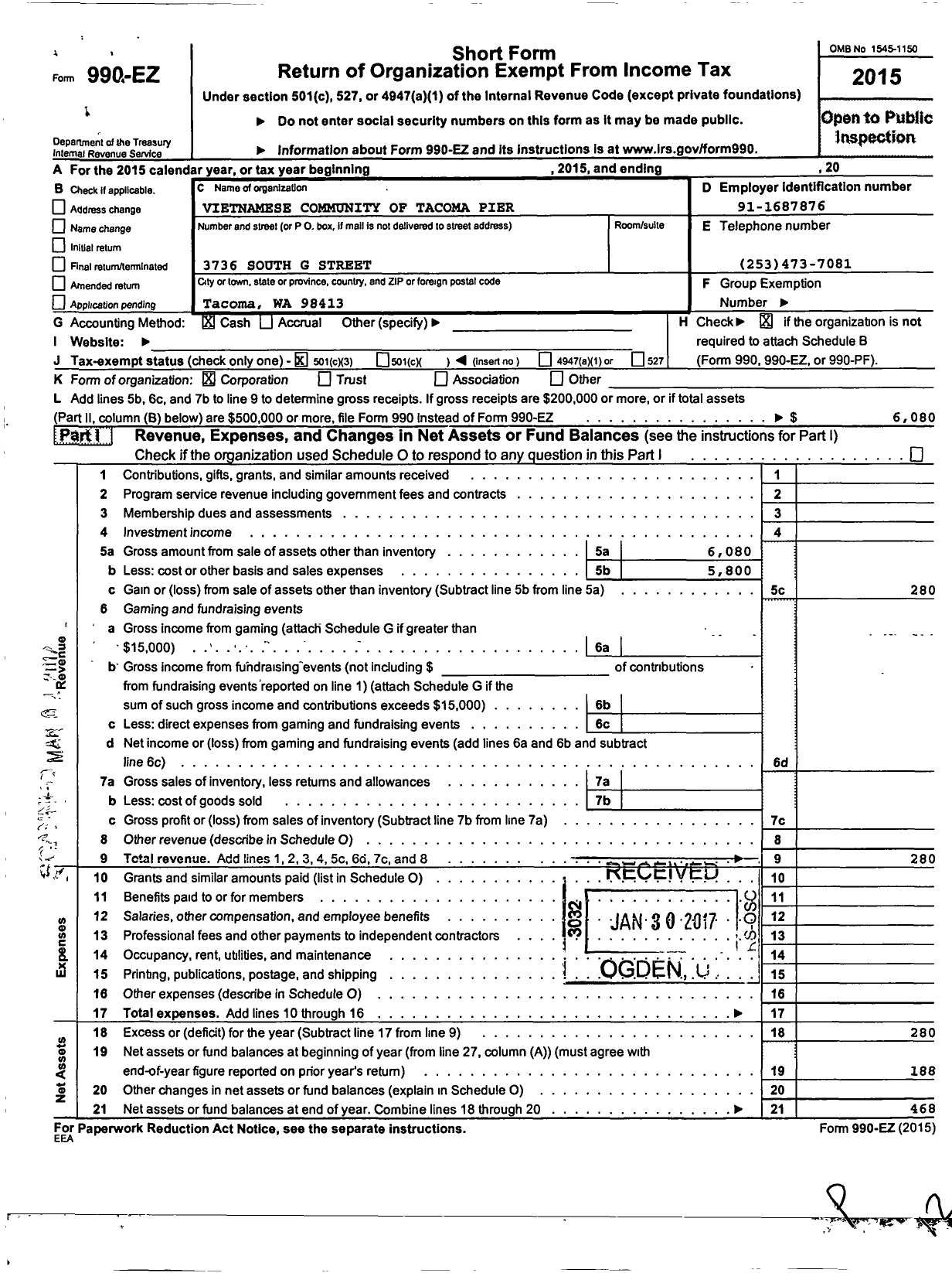 Image of first page of 2015 Form 990EZ for Vietnamese Community of Tacoma