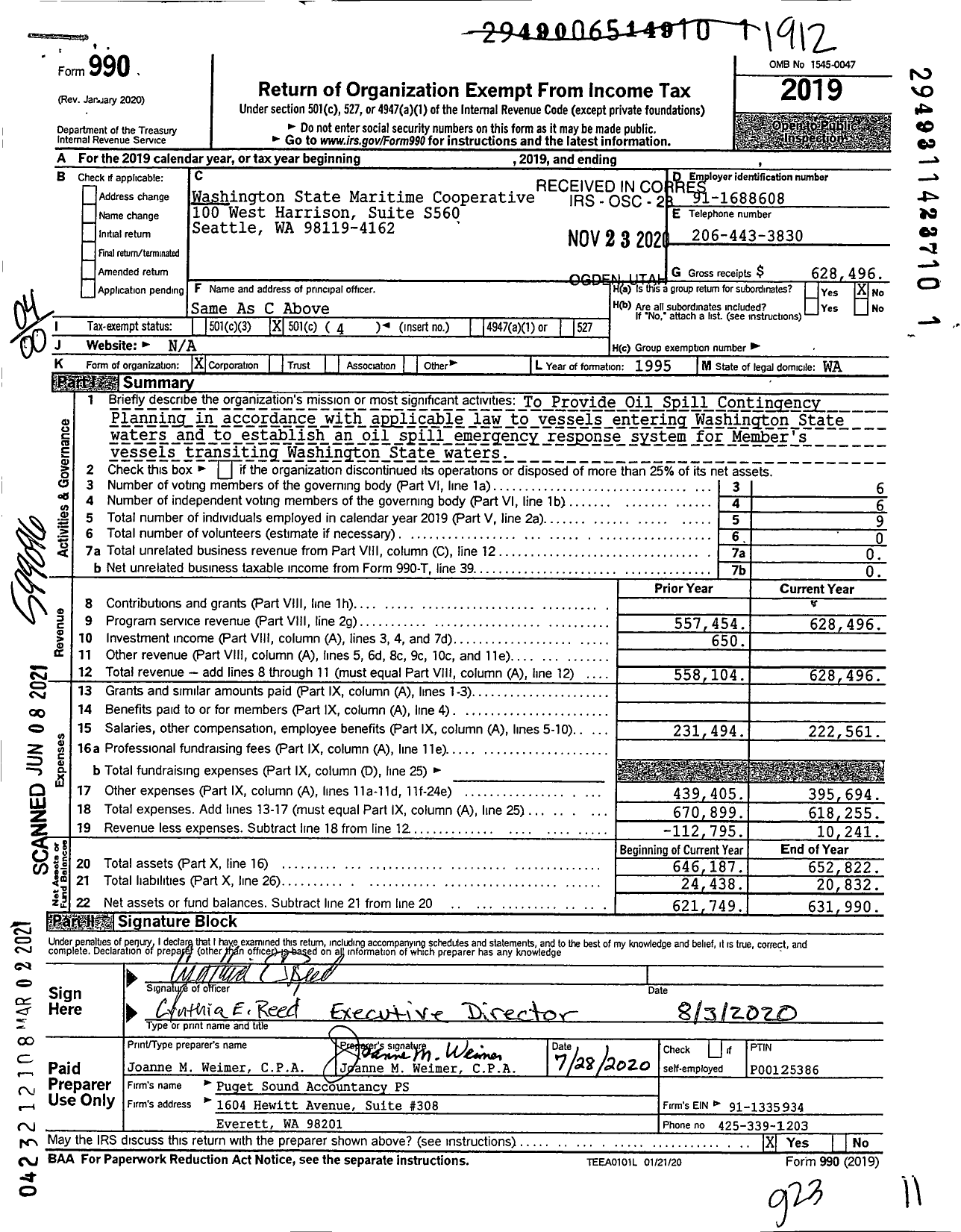 Image of first page of 2019 Form 990O for Washington State Maritime Cooperative