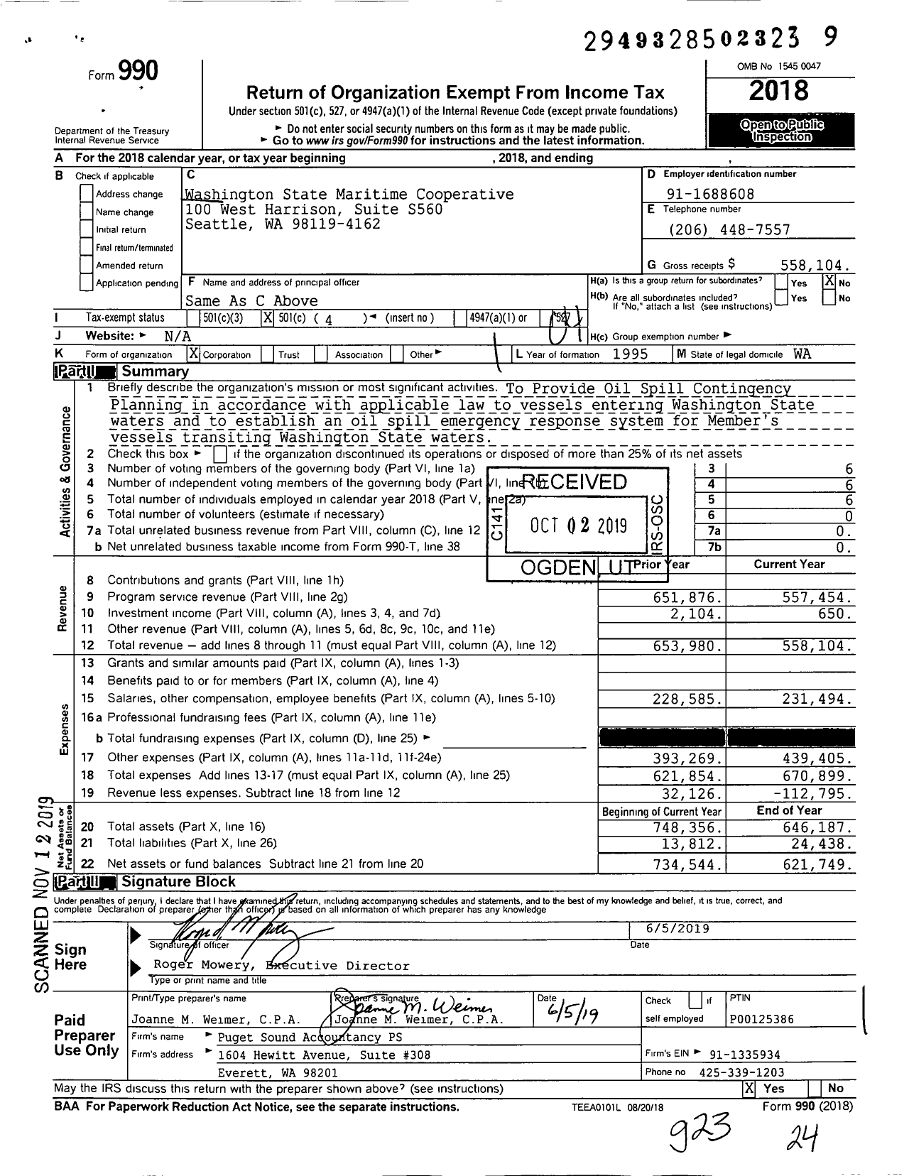 Image of first page of 2018 Form 990O for Washington State Maritime Cooperative