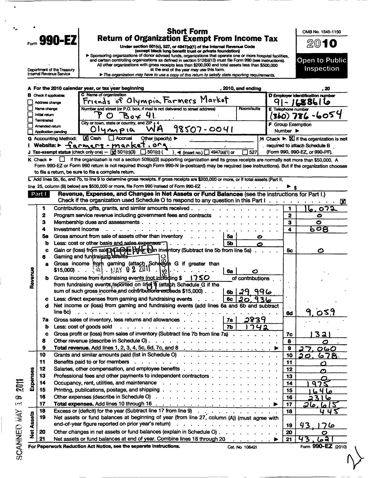 Image of first page of 2010 Form 990EZ for Friends of Olympia Farmers Market