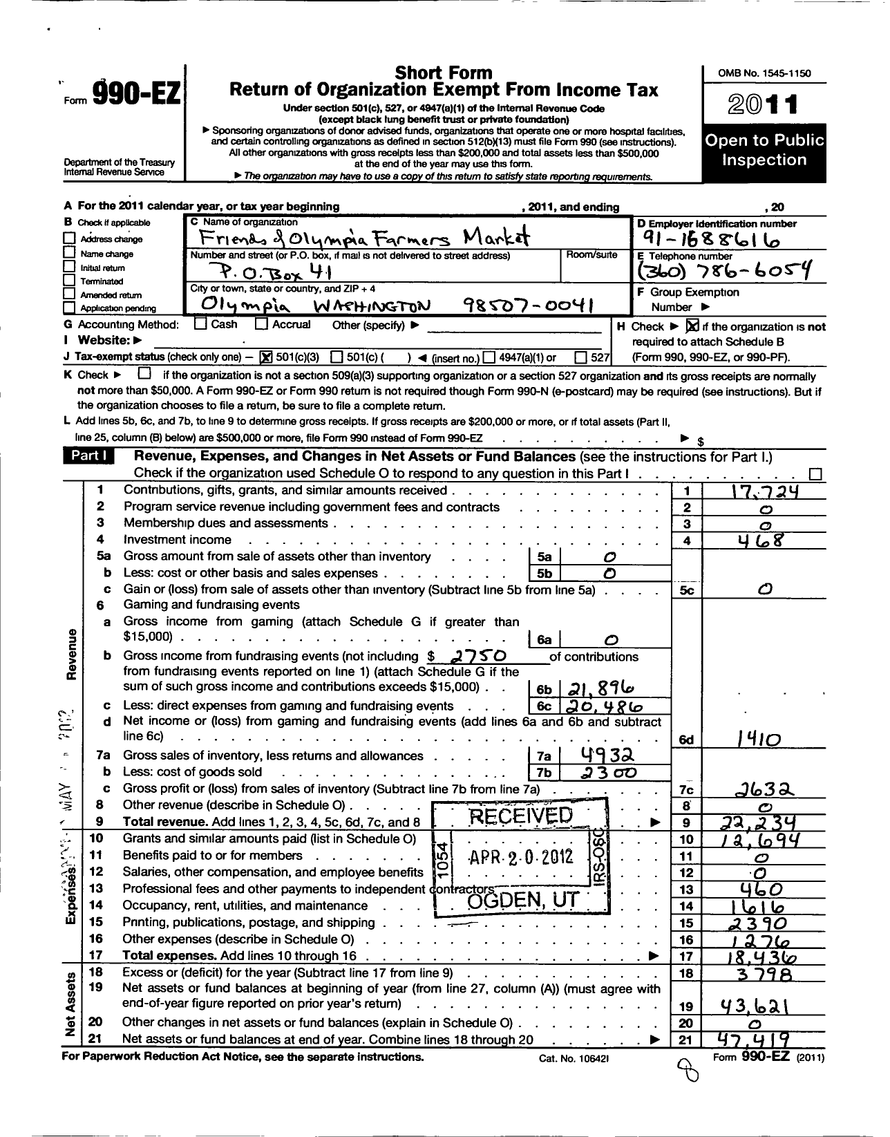 Image of first page of 2011 Form 990EZ for Friends of Olympia Farmers Market