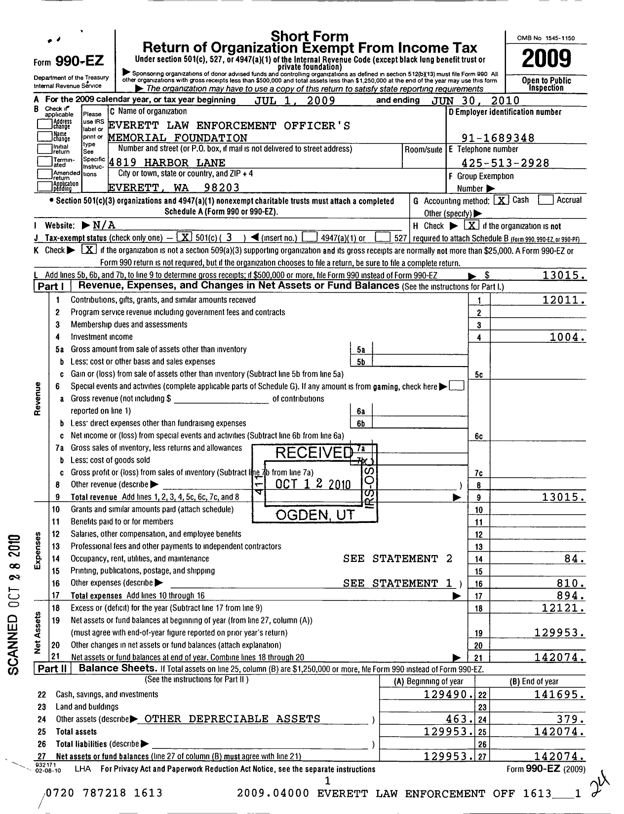 Image of first page of 2009 Form 990EZ for Everett Law Enforcement Officers Memorial Foundation