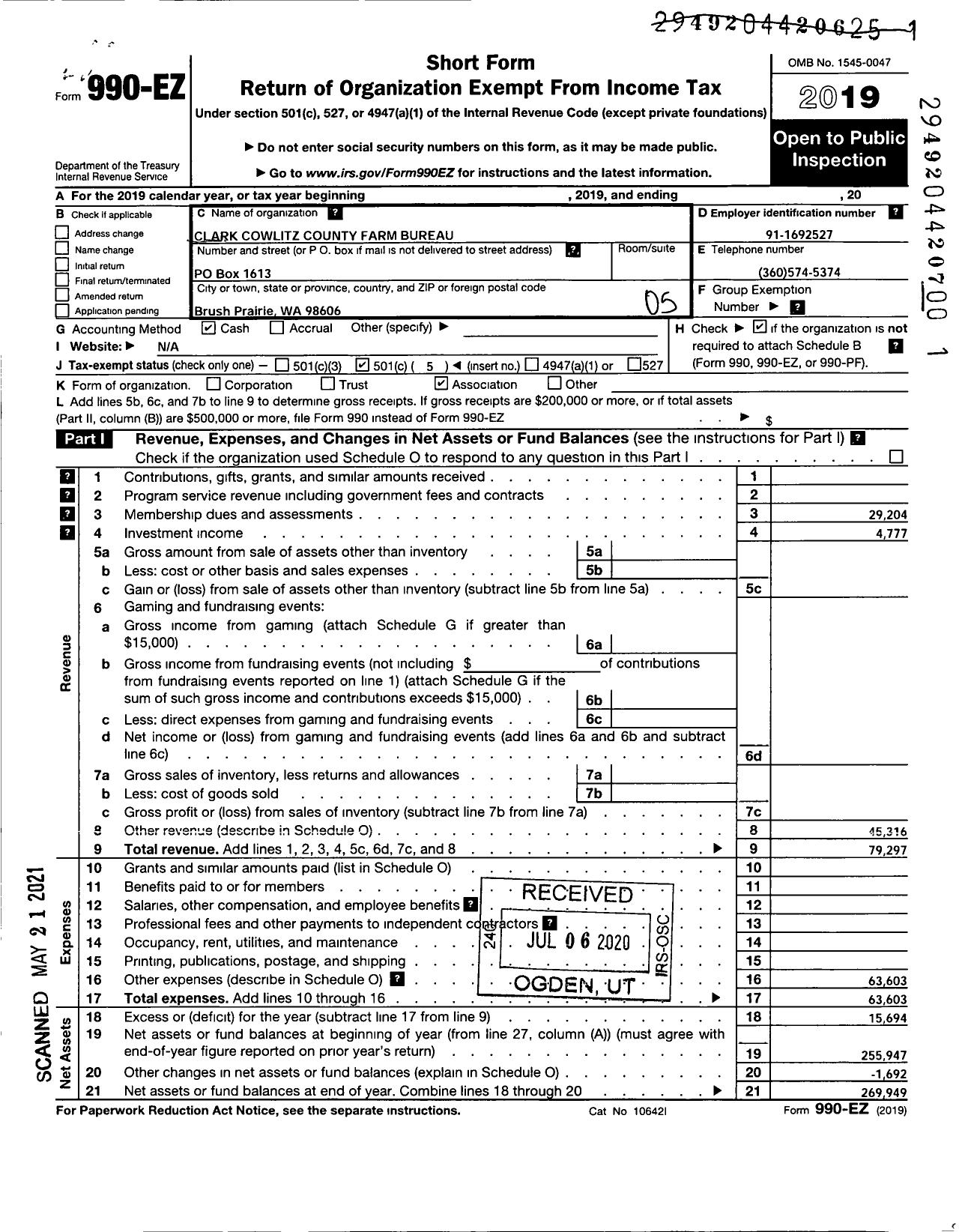 Image of first page of 2019 Form 990EO for Clark-Cowlitz County Farm Bureau