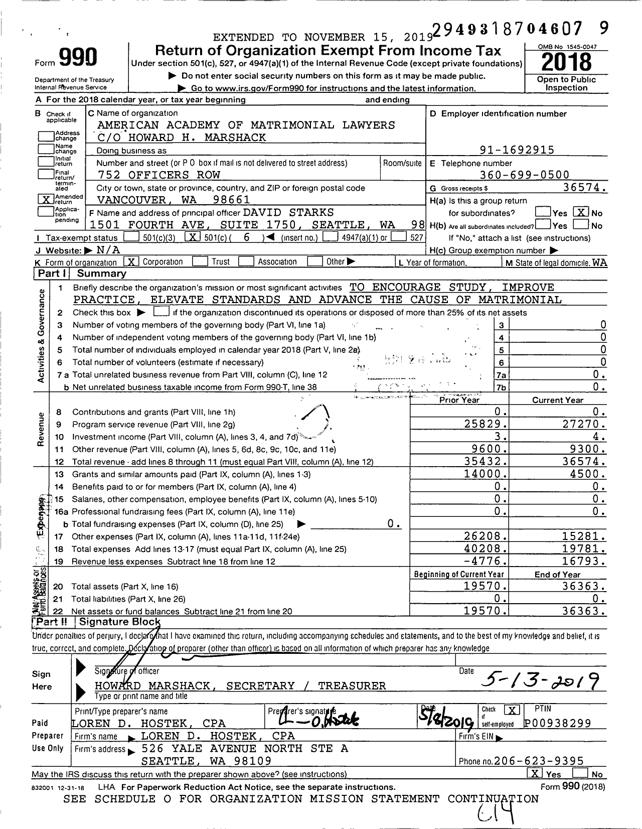 Image of first page of 2018 Form 990O for American Academy of Matrimonial Lawyers / Washington Chapter