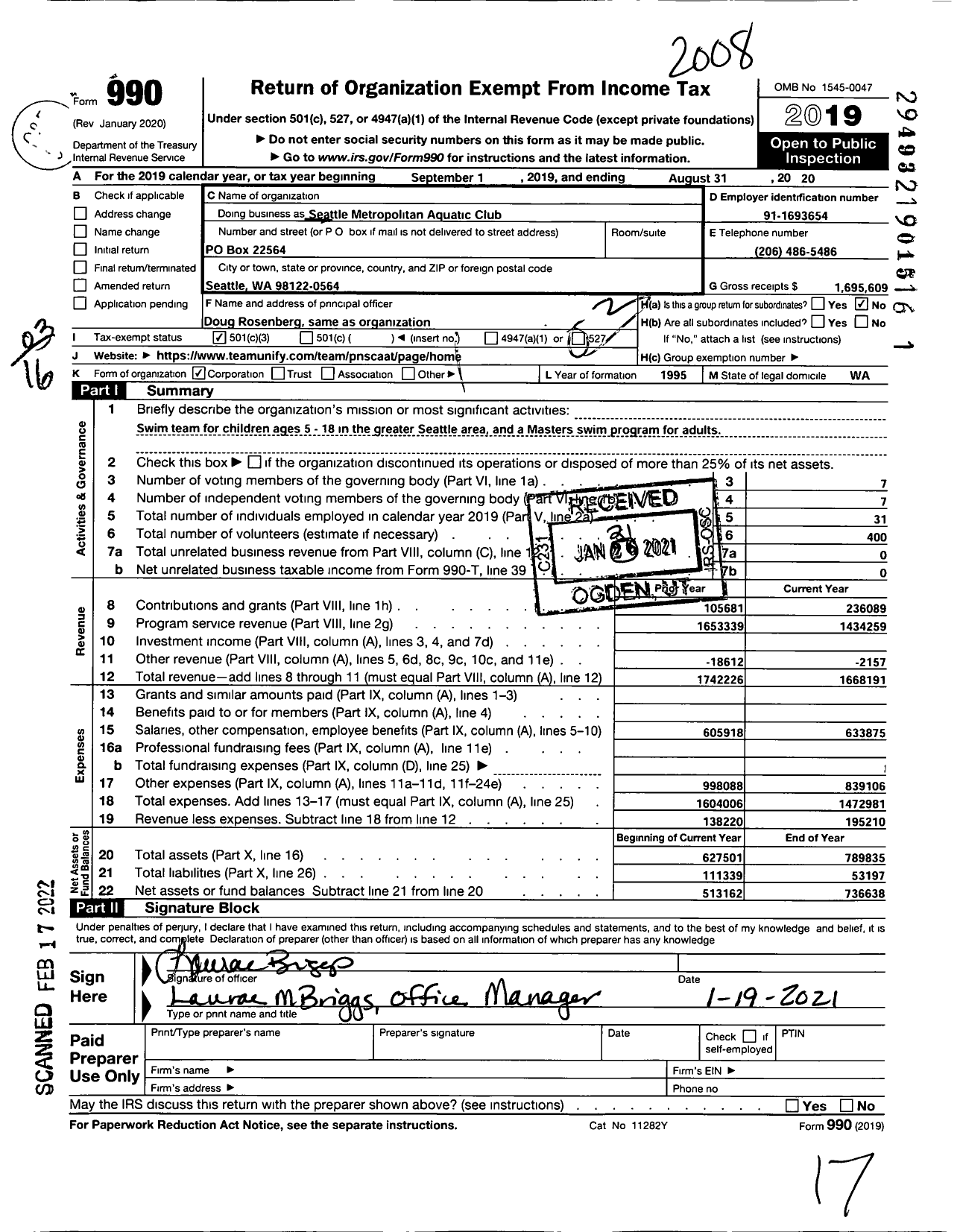Image of first page of 2019 Form 990 for Seattle Metropolitan Aquatic Club