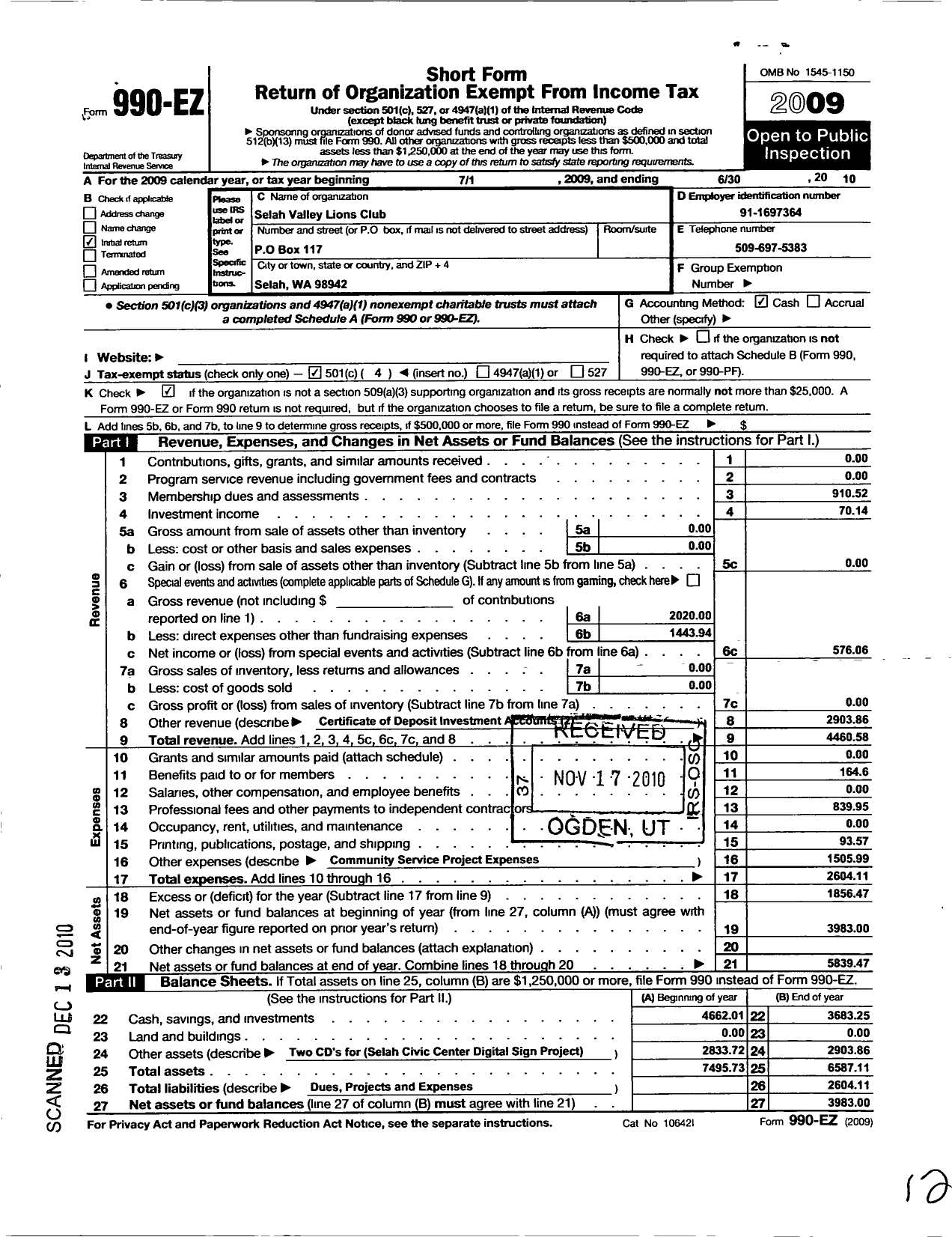 Image of first page of 2009 Form 990EO for Lions Clubs - 57113 Selah Valley