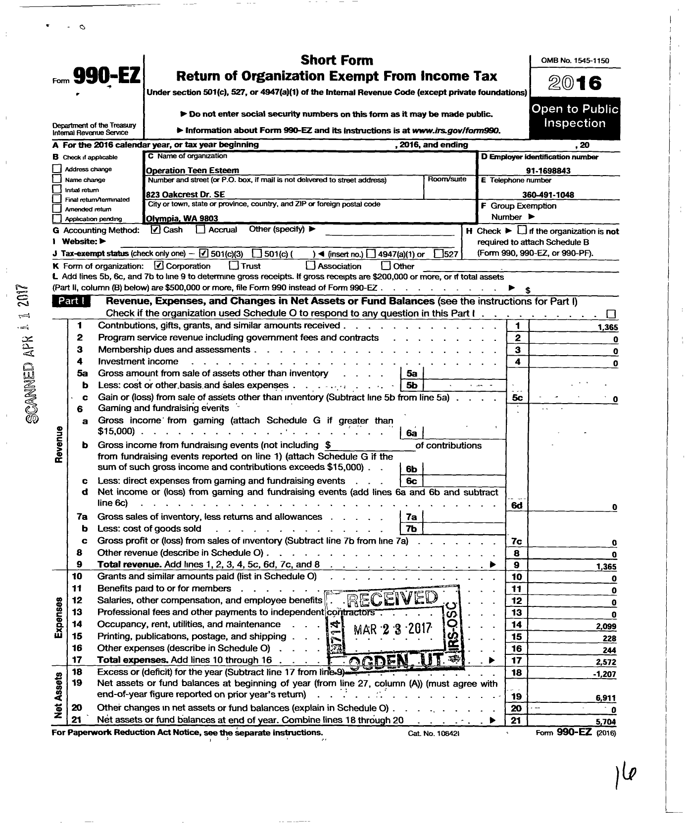 Image of first page of 2016 Form 990EZ for Operation Teen Esteem