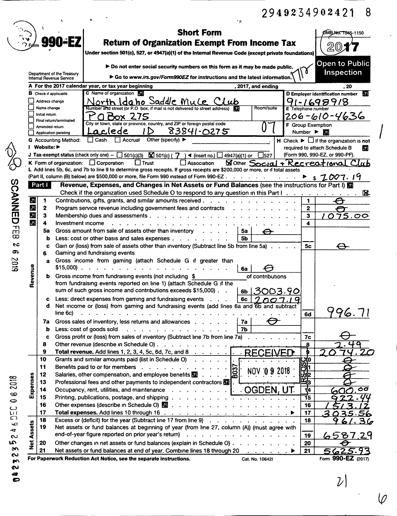 Image of first page of 2017 Form 990EO for North Idaho Saddle Mule Club