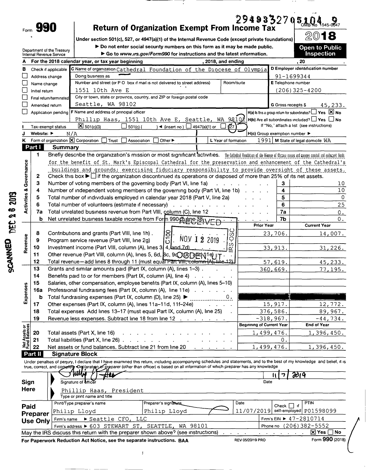 Image of first page of 2018 Form 990 for Cathedral Foundation of the Diocese of Olympia