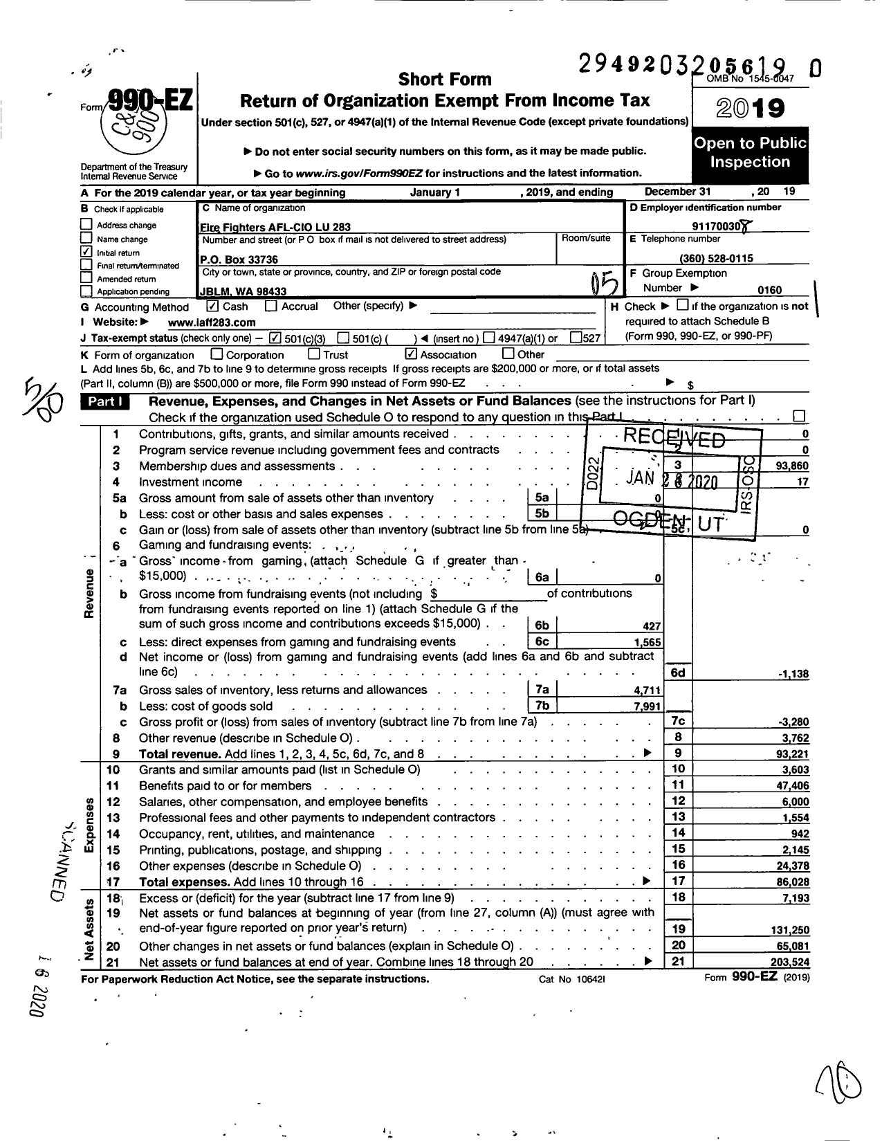 Image of first page of 2019 Form 990EO for International Association of Fire Fighters - F0283 Fort Lewis