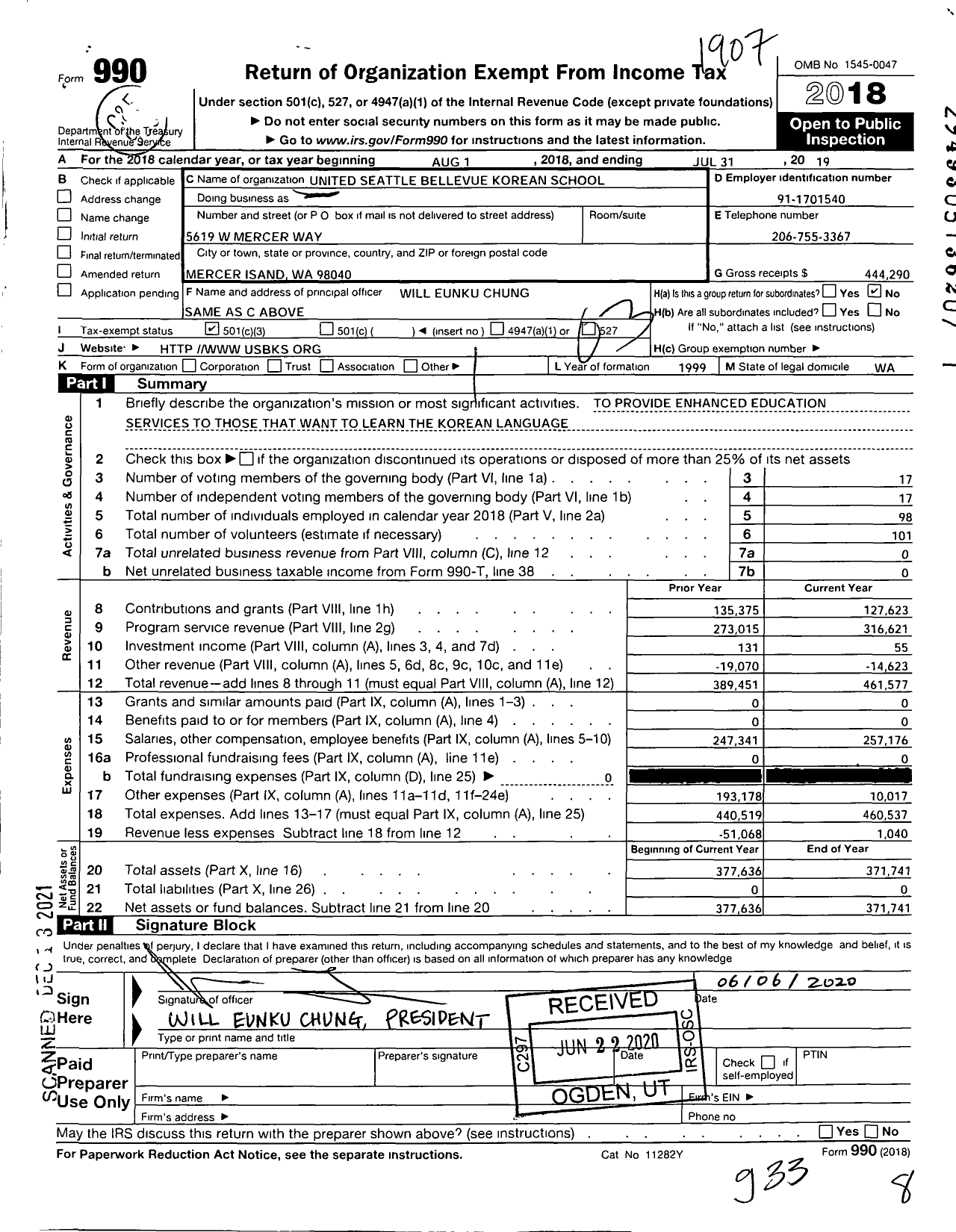 Image of first page of 2018 Form 990 for United Seattle Bellevue Korean School