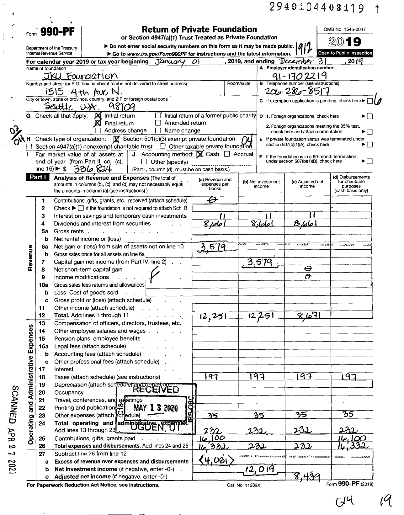 Image of first page of 2019 Form 990PF for JKU Foundation