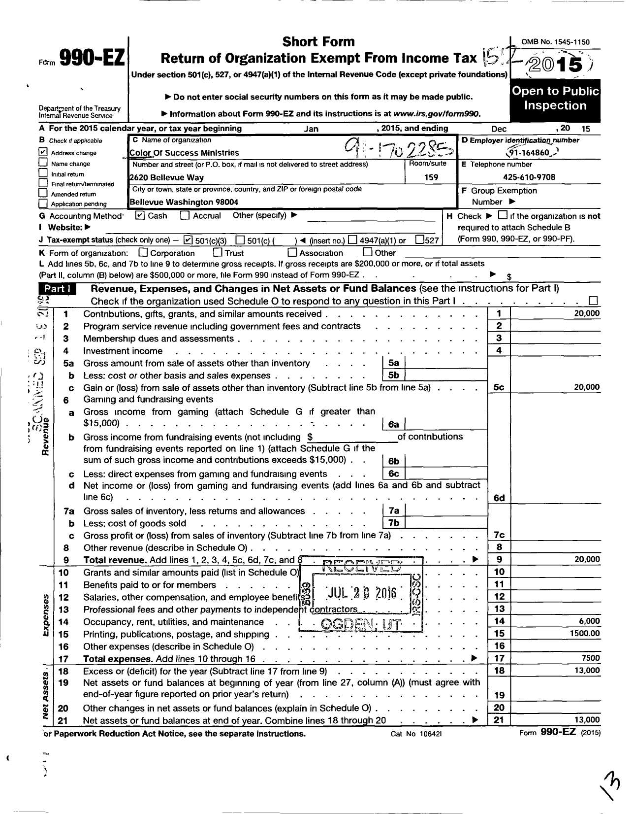 Image of first page of 2015 Form 990EZ for Color of Success Ministries