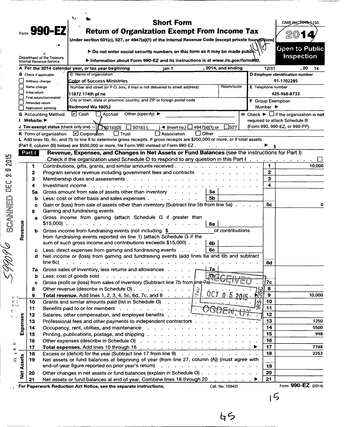 Image of first page of 2014 Form 990EZ for Color of Success Ministries