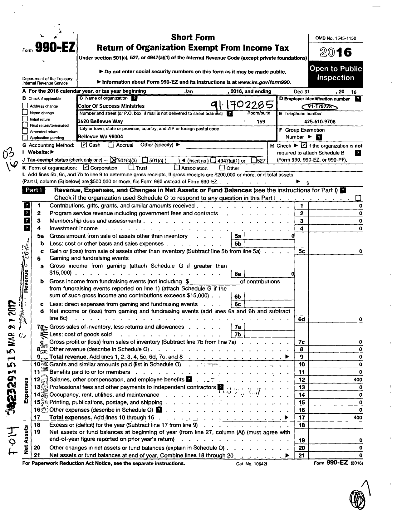 Image of first page of 2016 Form 990EZ for Color of Success Ministries