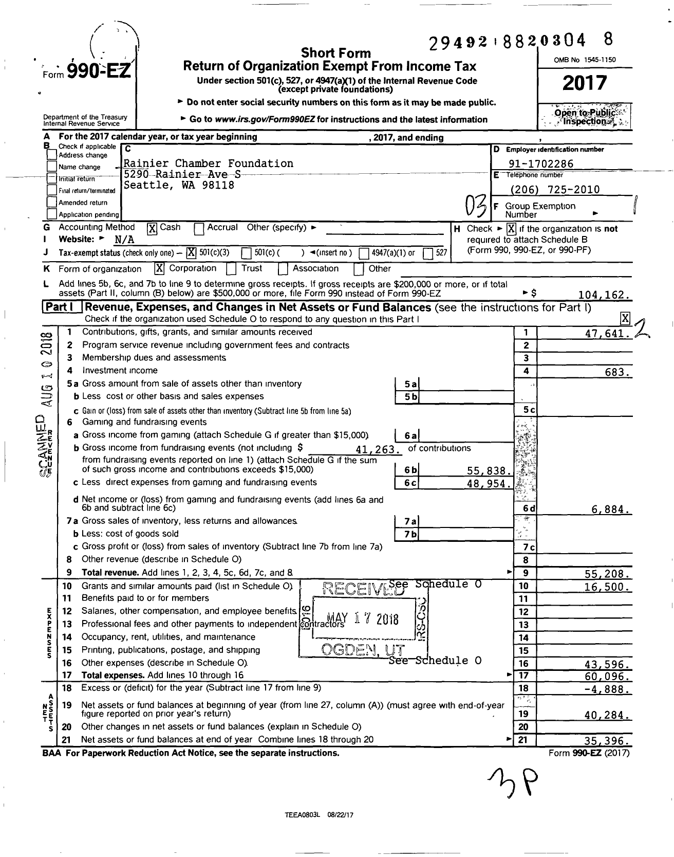 Image of first page of 2017 Form 990EZ for Rainier Chamber Foundation