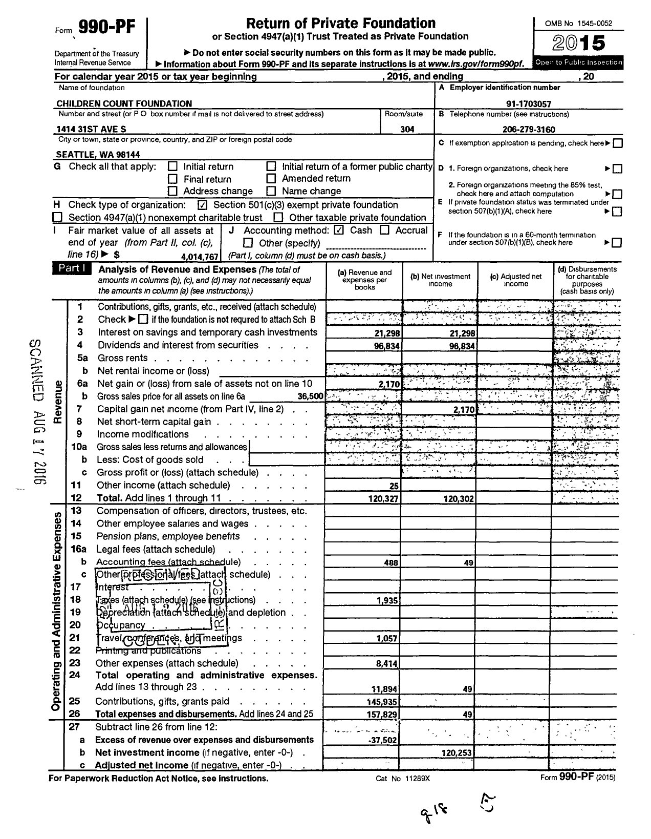 Image of first page of 2015 Form 990PF for Children Count Foundation