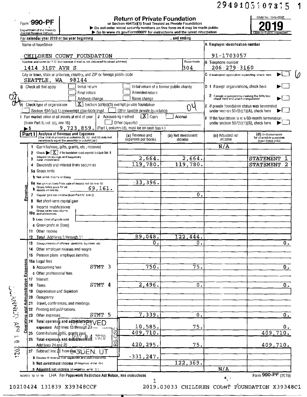 Image of first page of 2019 Form 990PF for Children Count Foundation