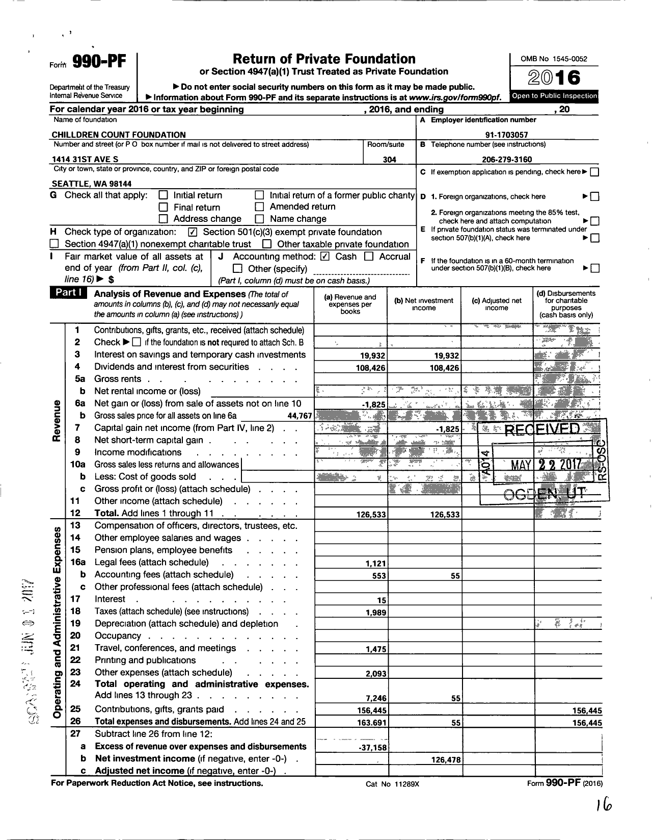 Image of first page of 2016 Form 990PF for Children Count Foundation