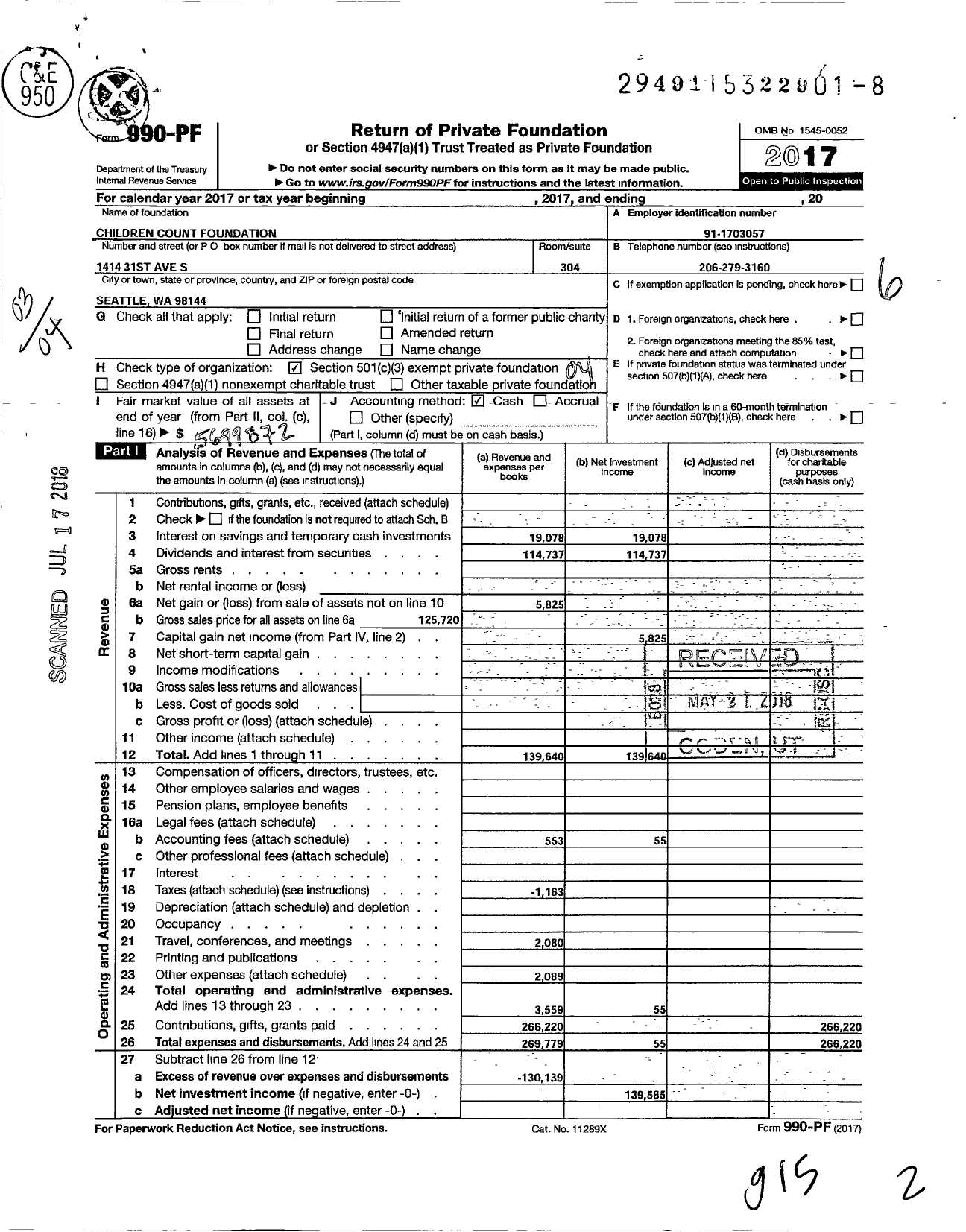 Image of first page of 2017 Form 990PF for Children Count Foundation