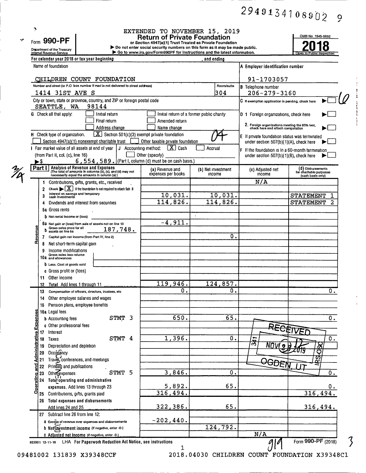 Image of first page of 2018 Form 990PF for Children Count Foundation