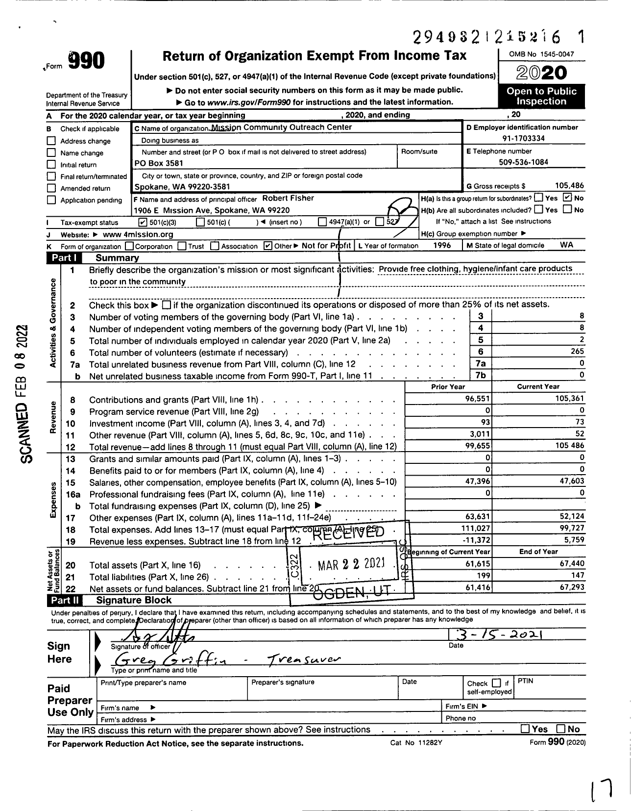 Image of first page of 2020 Form 990 for Mission Community Outreach Center of Spokane Washington