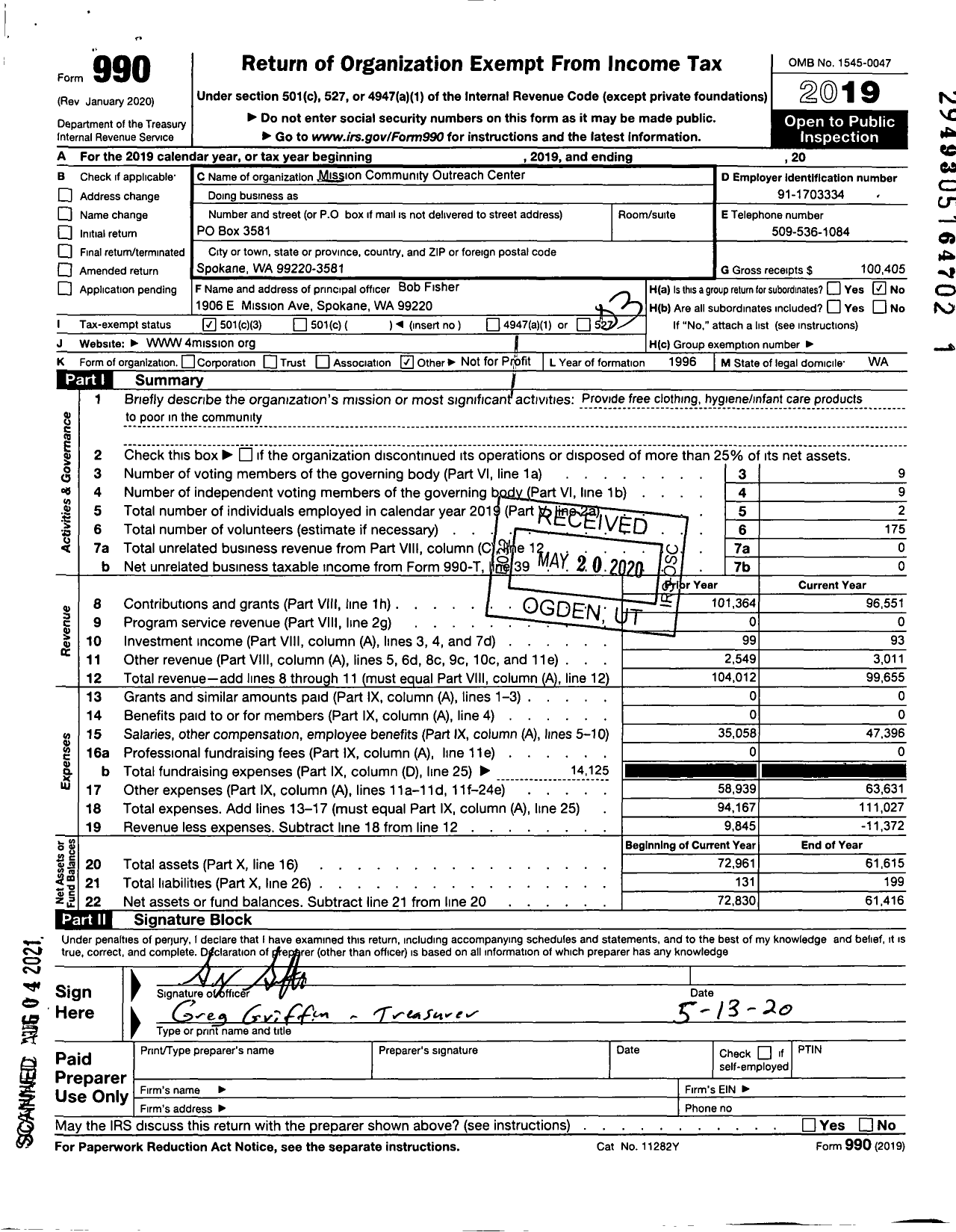 Image of first page of 2019 Form 990 for Mission Community Outreach Center of Spokane Washington